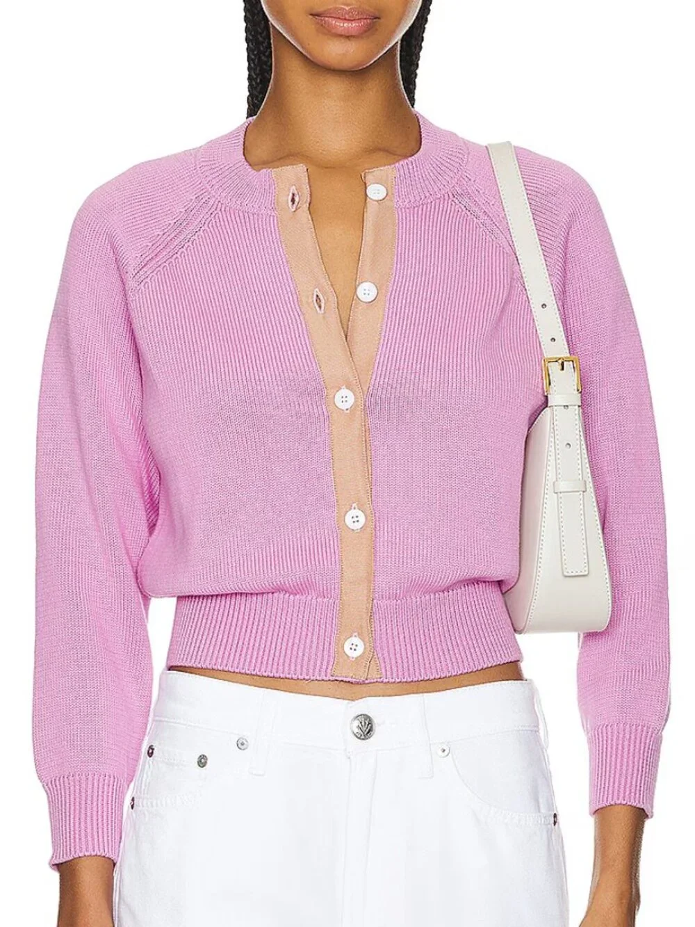The Great The Tiny Cardigan pink tan Lilac Blossom button up - Picture 3 of 10